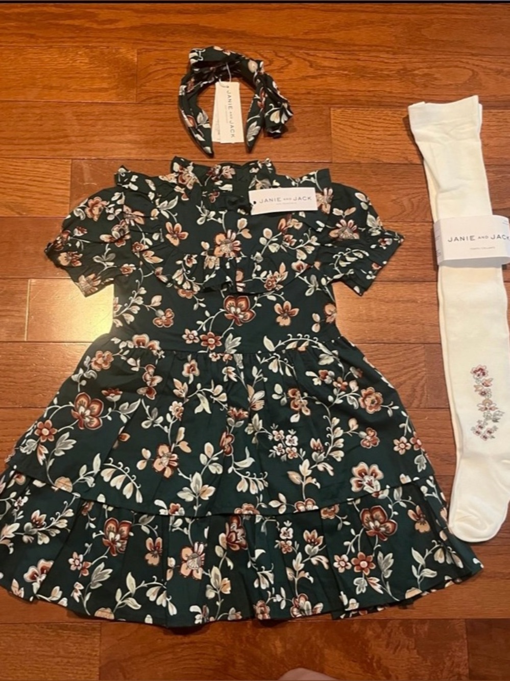 Janie and Jack, Green Floral Ruffled Girls Dress Size 4, Headband and Tights